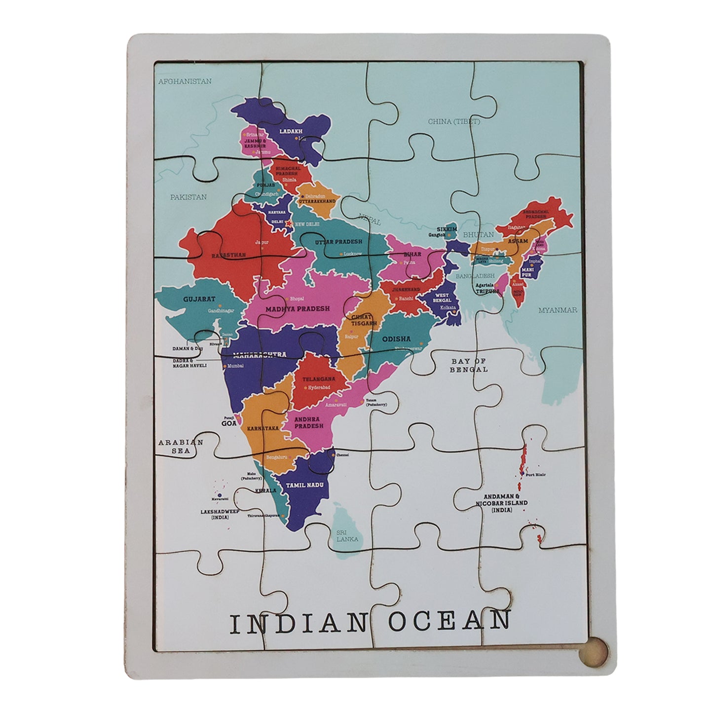 Wooden India map puzzle by Wukusy showing individual state pieces assembled on a flat surface.