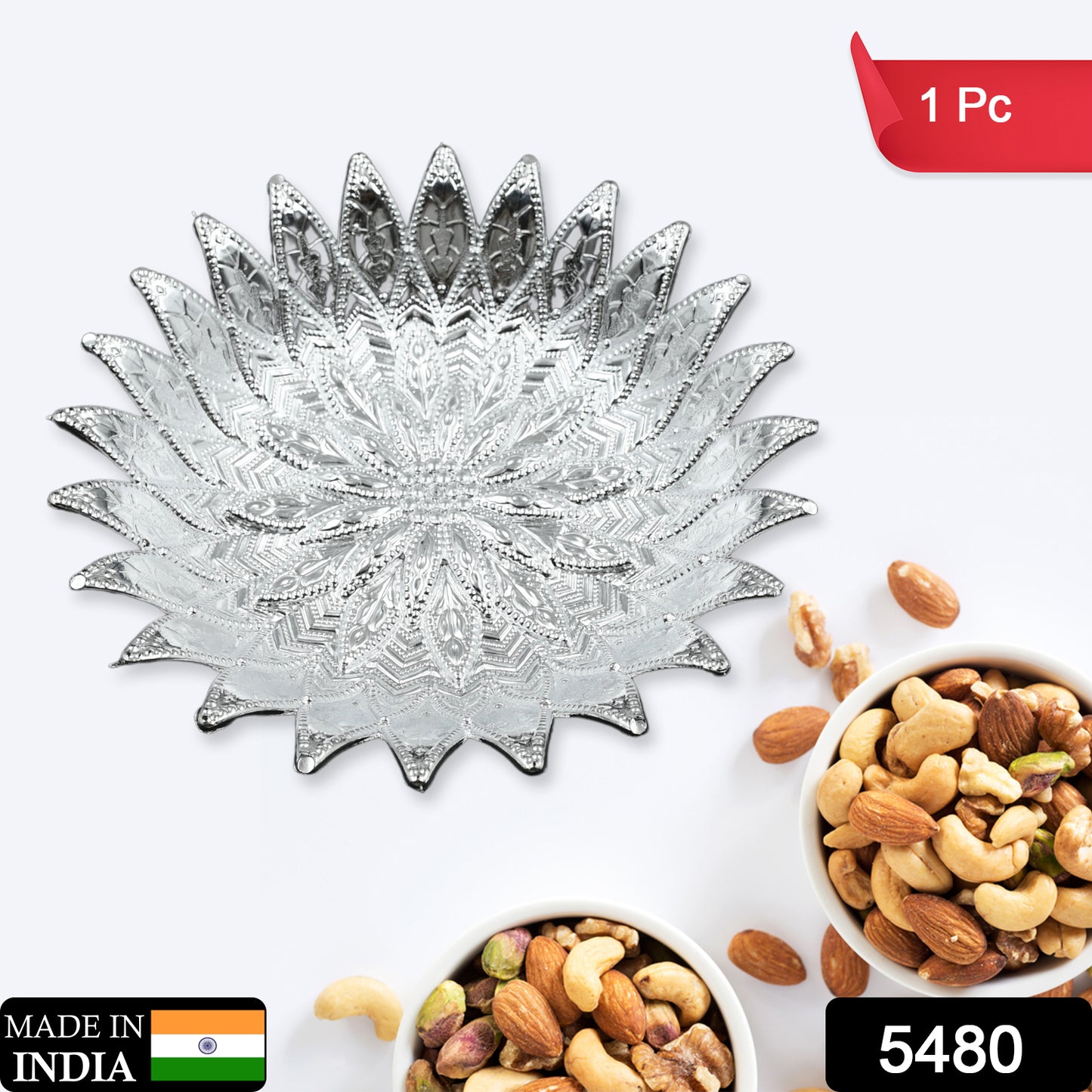 Wukusy 5480 traditional silver finish plastic serving tray for Mukhwas, multipurpose decorative tray with elegant design.