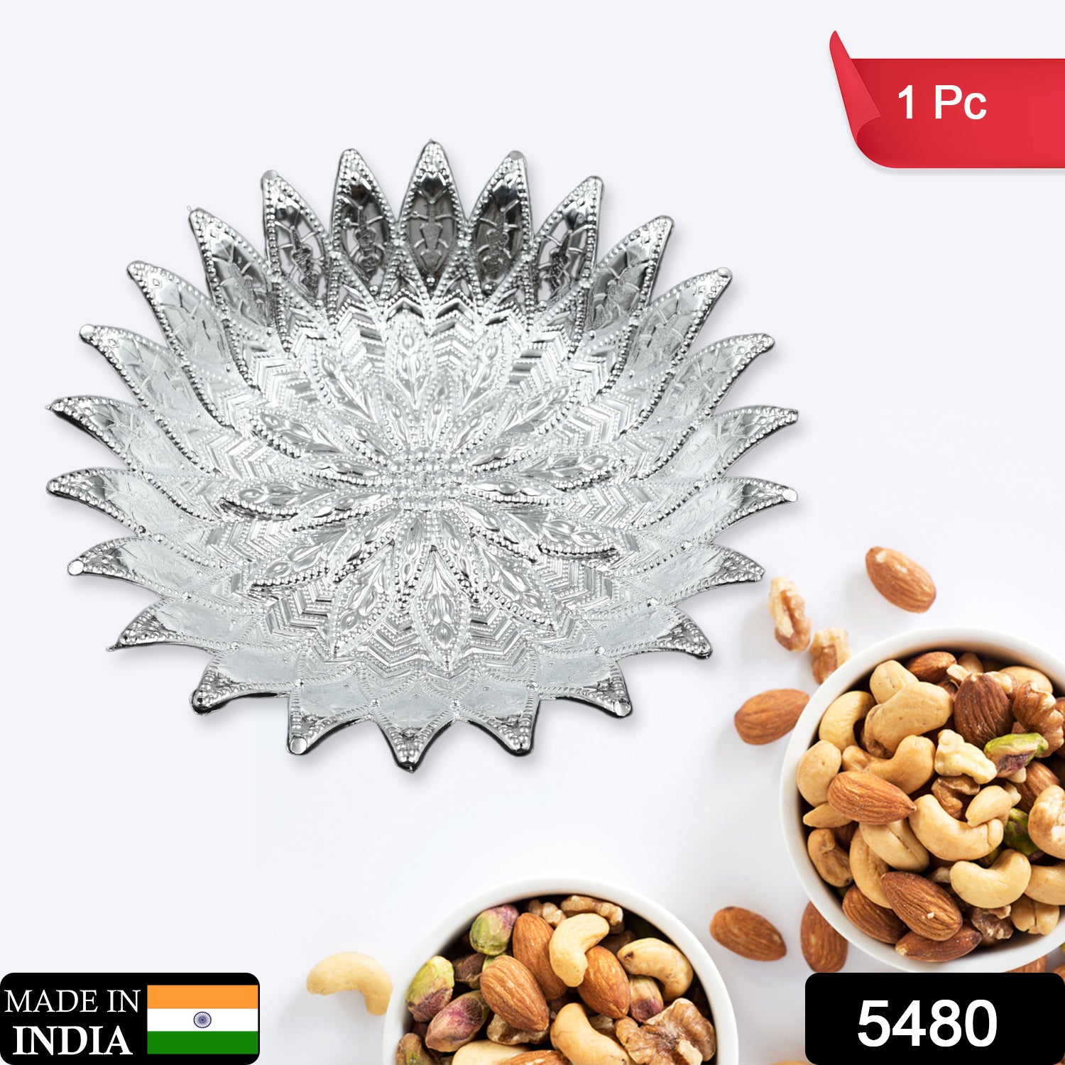 Wukusy 5480 traditional silver finish plastic serving tray for Mukhwas, multipurpose decorative tray with elegant design.