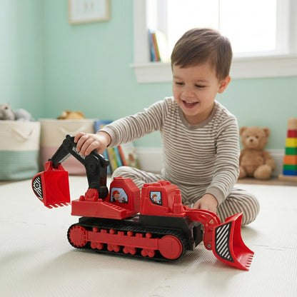 Wukusy Digger Don construction track toy featuring a colorful, plastic toy excavator with moving parts on a flat surface.