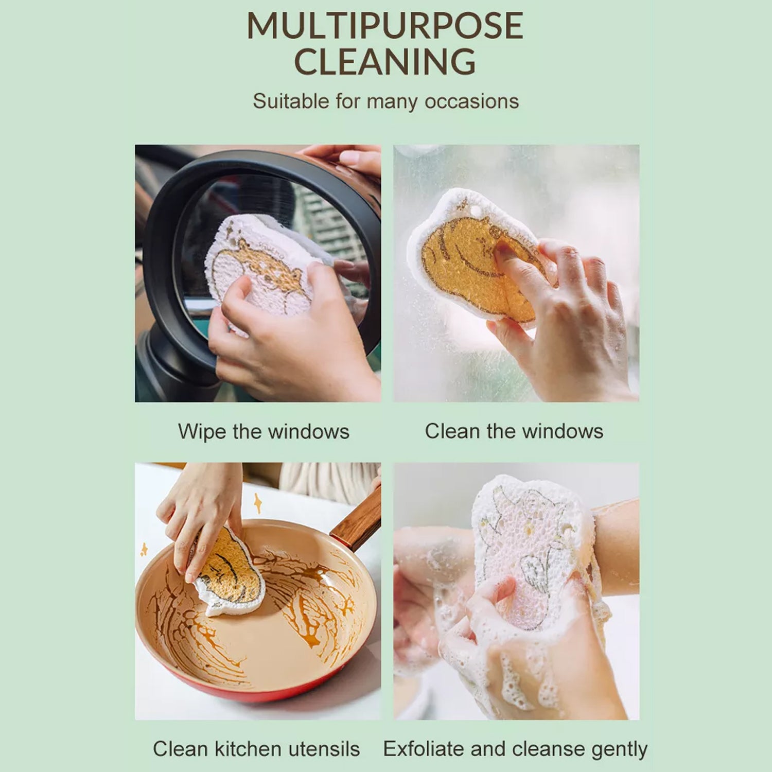 Wukusy 6428a Compressed Wood Pulp Sponge with cartoon design, kitchen cleaning scouring pad and absorbing dishwashing tool.