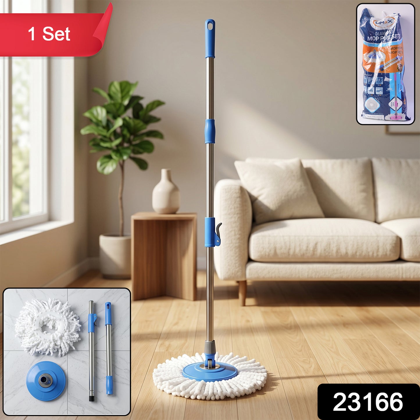 Wukusy 360-degree rotating spin mop set with ergonomic handle and microfiber mop head for easy cleaning.