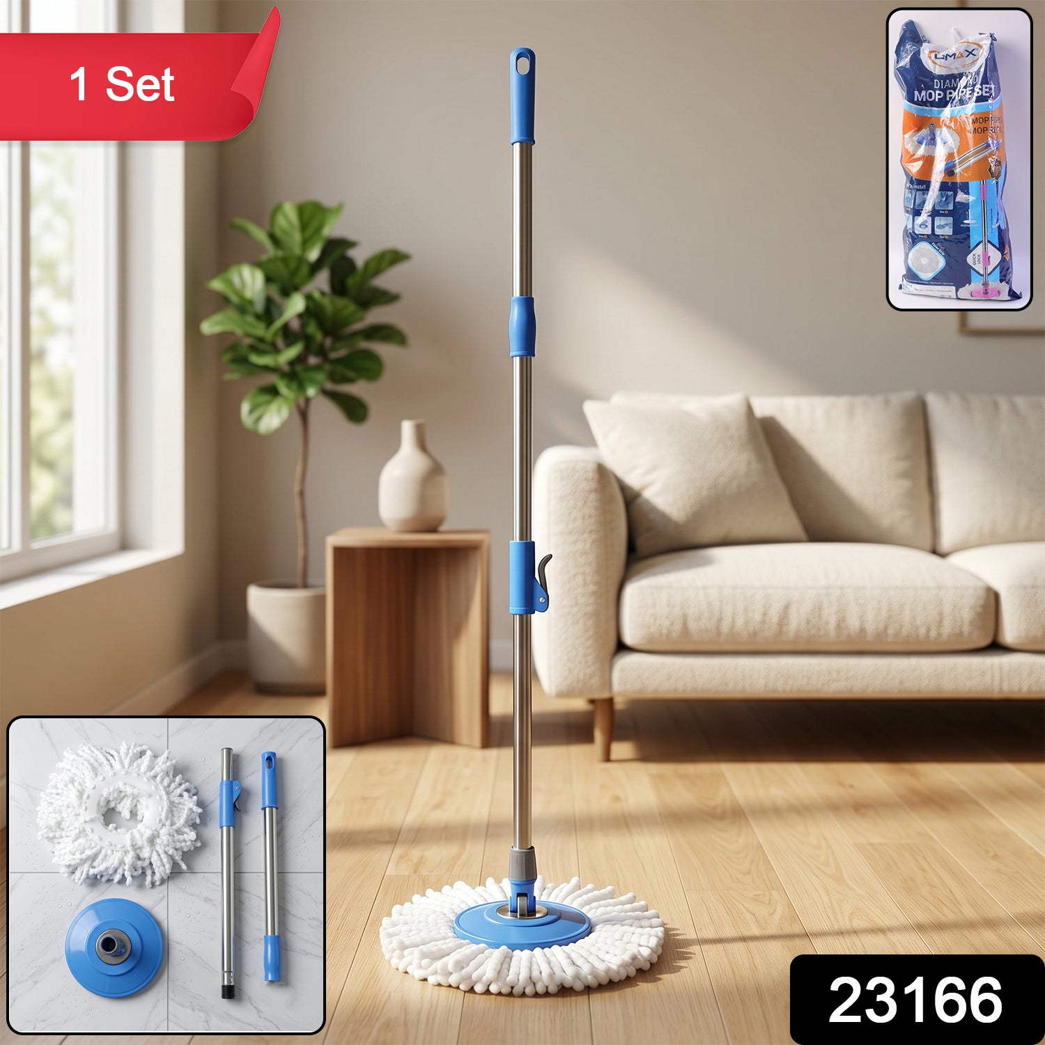 Wukusy 360-degree rotating spin mop set with ergonomic handle and microfiber mop head for easy cleaning.