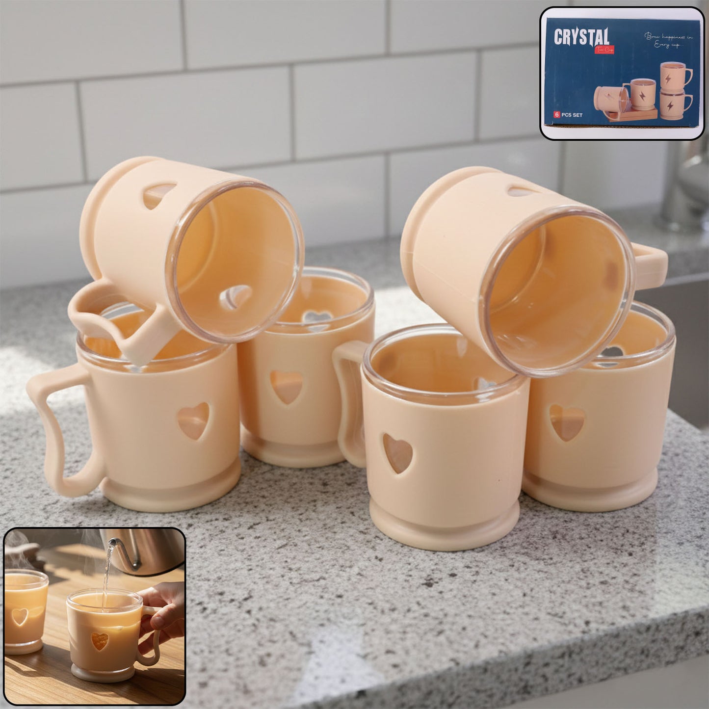 Set of six Wukusy elegant heart design mini tea and coffee mugs, each 100ml, featuring a charming heart pattern and sleek style.