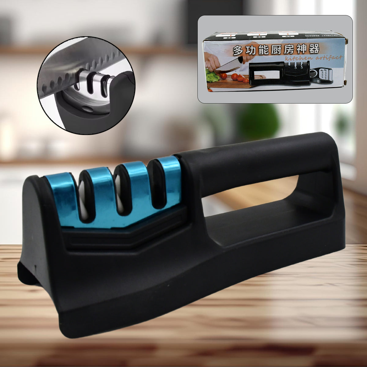 Wukusy 9-in-1 handheld kitchen knife sharpener with vegetable chopper, fish scaler, and serrated knife sharpening tools.