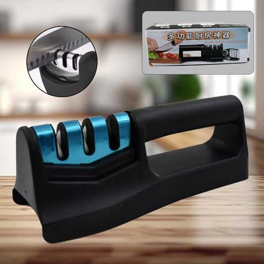 Wukusy 9-in-1 handheld kitchen knife sharpener with vegetable chopper, fish scaler, and serrated knife sharpening tools.