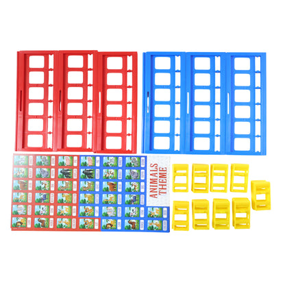 Wukusy Who Am I guessing board game for kids featuring colorful game pieces and character cards on a play surface.