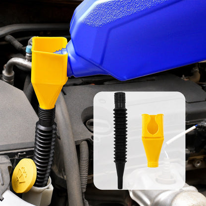 Flexible plastic funnel by Wukusy for spill-free car oil and fuel filling, shown with a wide mouth and ergonomic design.