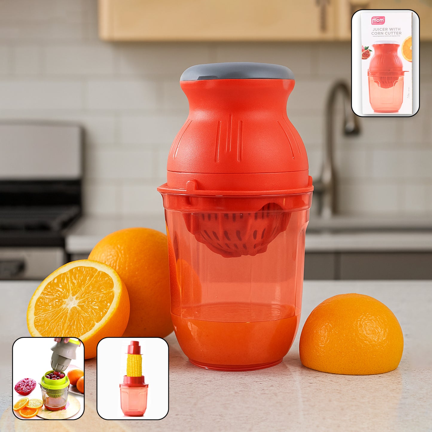 Wukusy Supermom Juicer with corn cutter, 800ml capacity, kitchen appliance for fresh juice and corn processing, white and silver design.