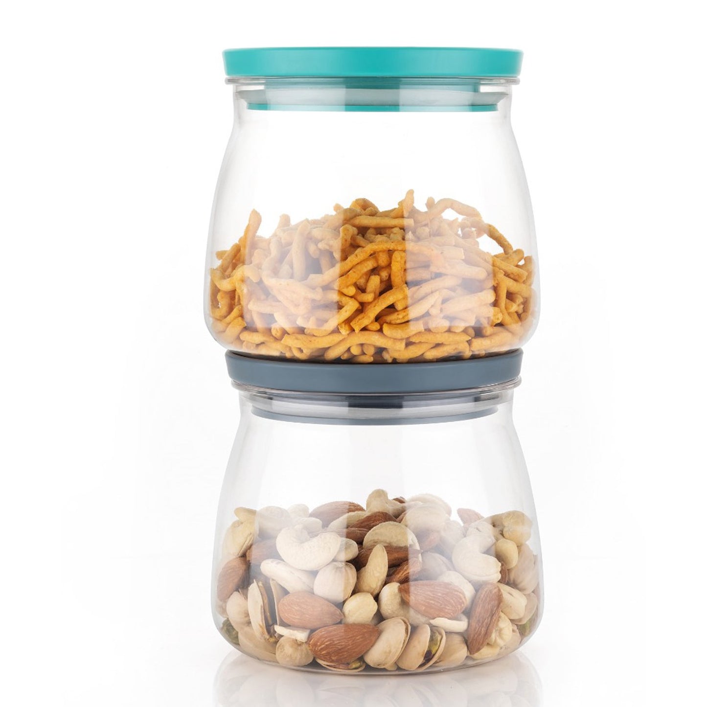 Set of six Wukusy Matka-shaped jars with multicolour leak-proof lids, 900ml, ideal for kitchen storage and organization.