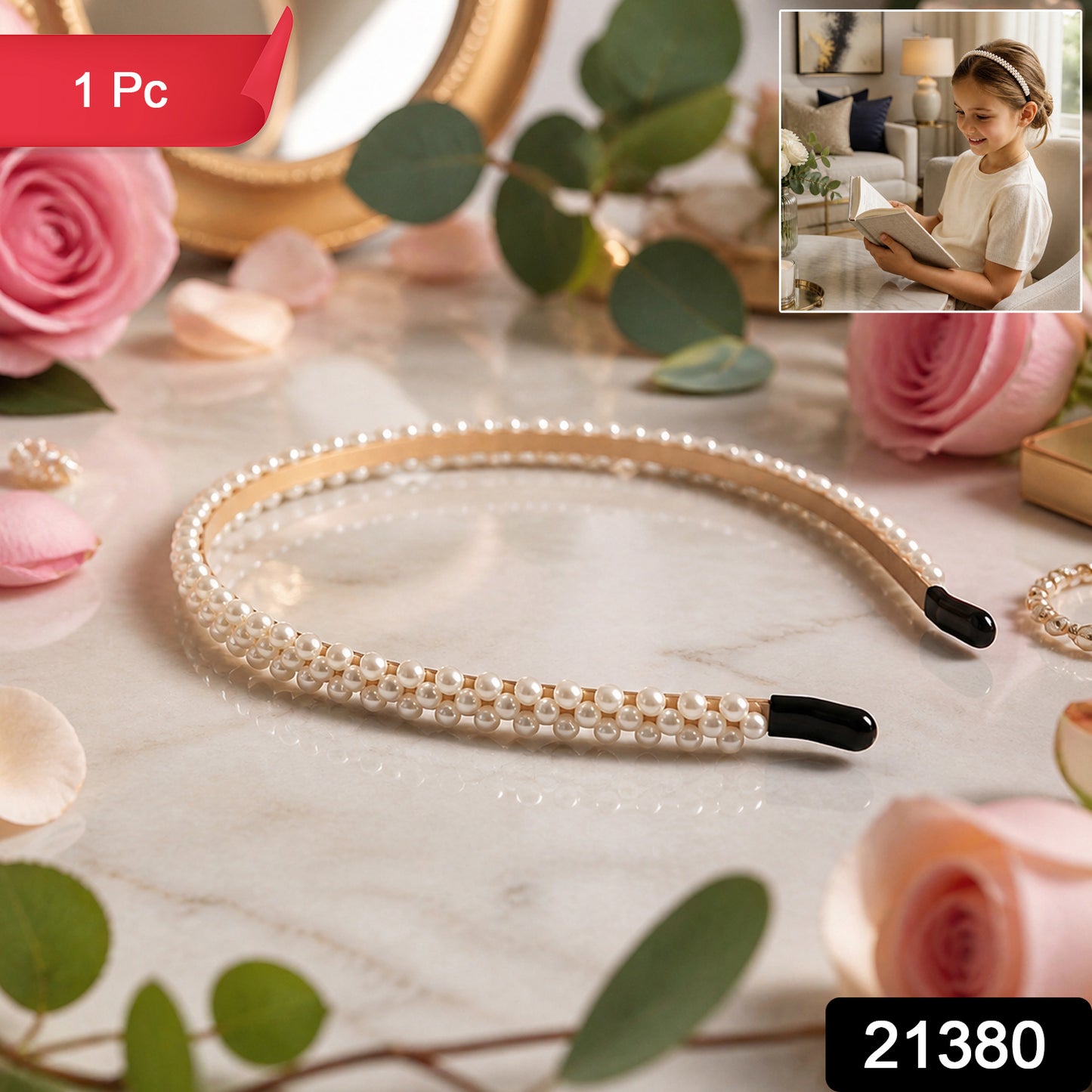 Slim pearl Wukusy hairband, elegant designer headband for women, featuring a sleek, sophisticated style with pearl accents.