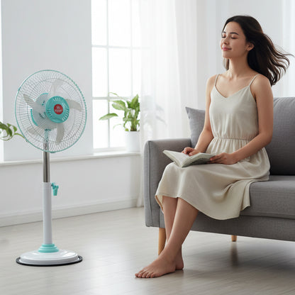 Wukusy 12V DC hybrid pedestal table fan with plug and play IEC C13 power cable, shown on a tabletop with adjustable height
