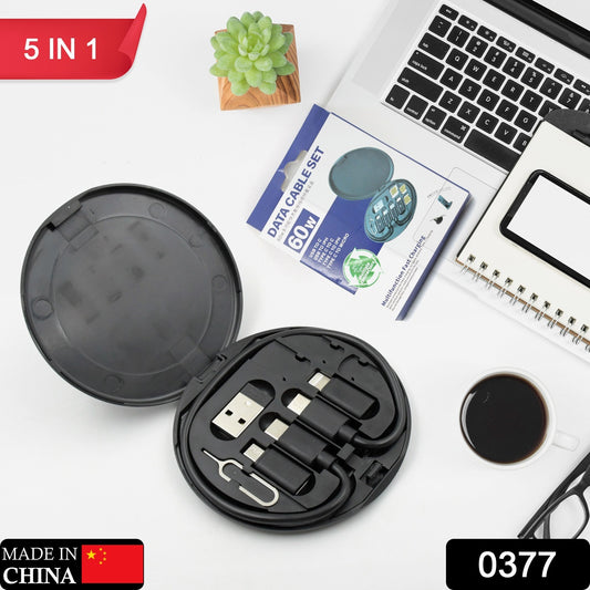 Wukusy 5-in-1 mini multi-functional fast charging data cable set with storage box for Apple, Android, and Type C devices.