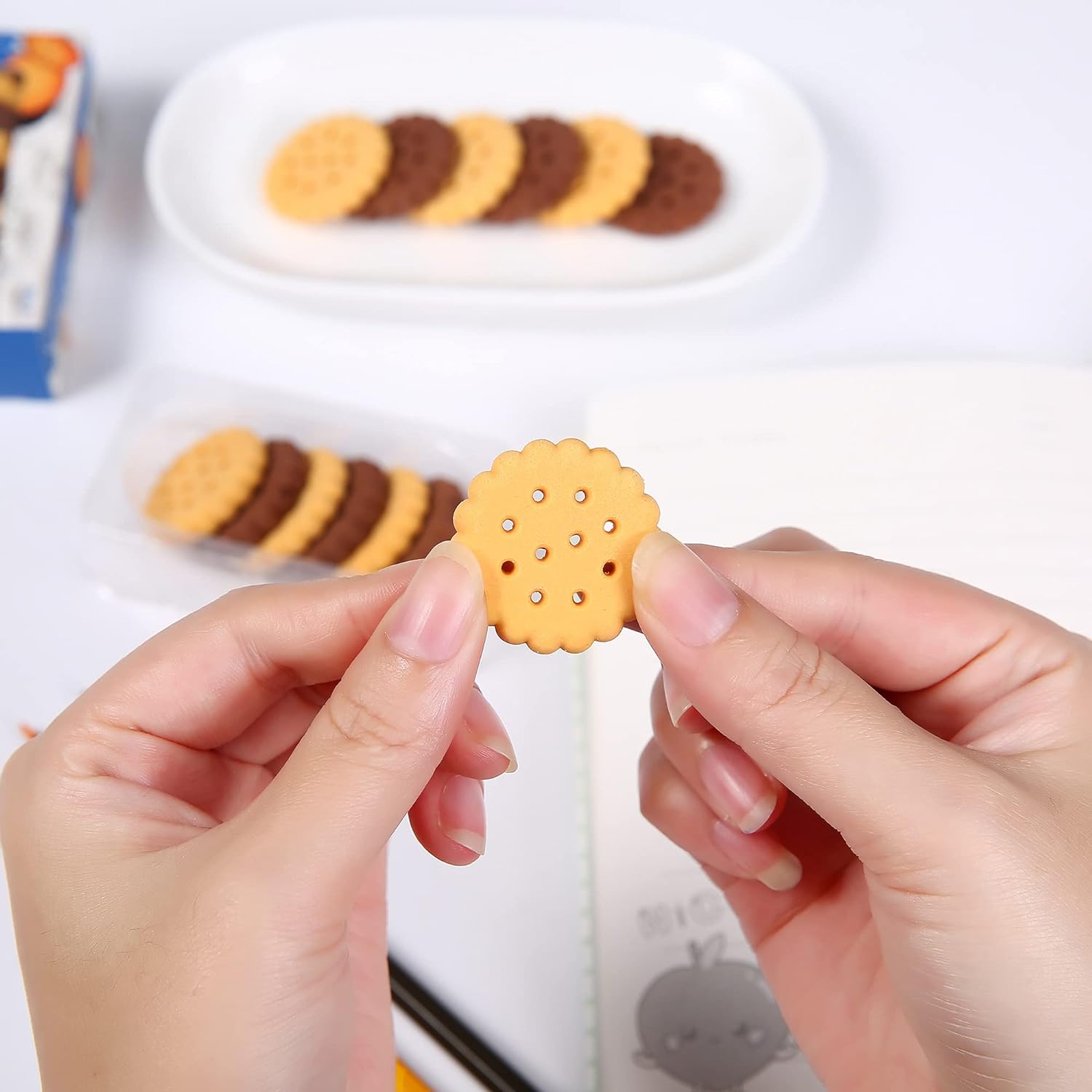 Set of 6 Wukusy biscuit-shaped erasers for school, office, or kids' crafts, featuring colorful, creative rubber designs.