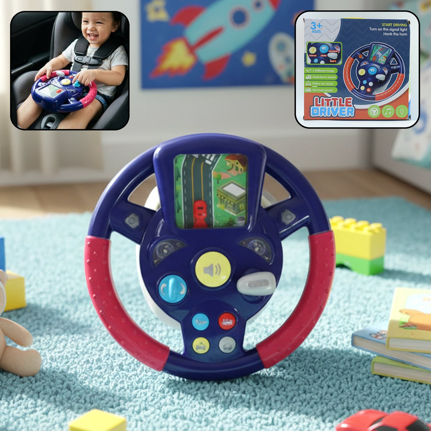 Wukusy musical steering wheel driving toy for kids with colorful buttons and interactive features, designed for fun and imaginative play.