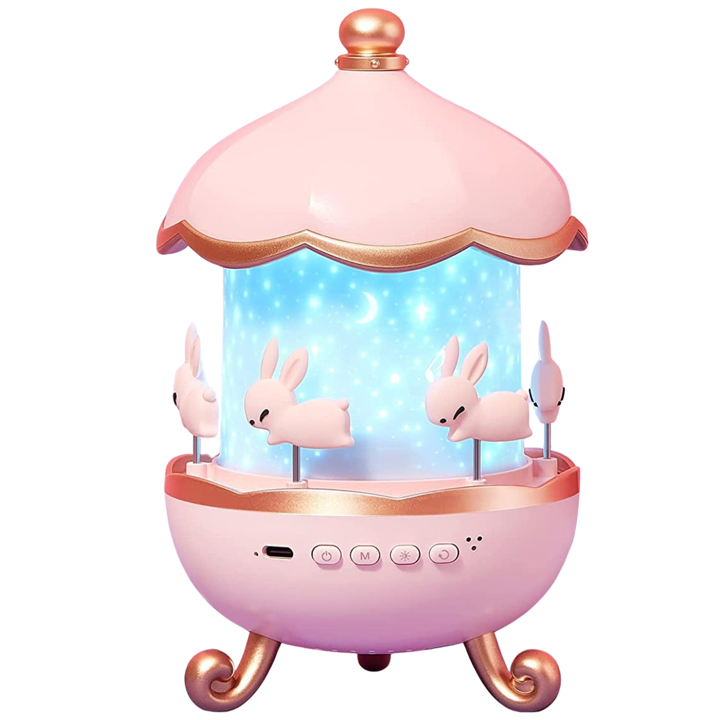Wukusy Bunny's Carousel Rotating LED Night Light as a charming home decor piece with colorful, animated bunny figures.