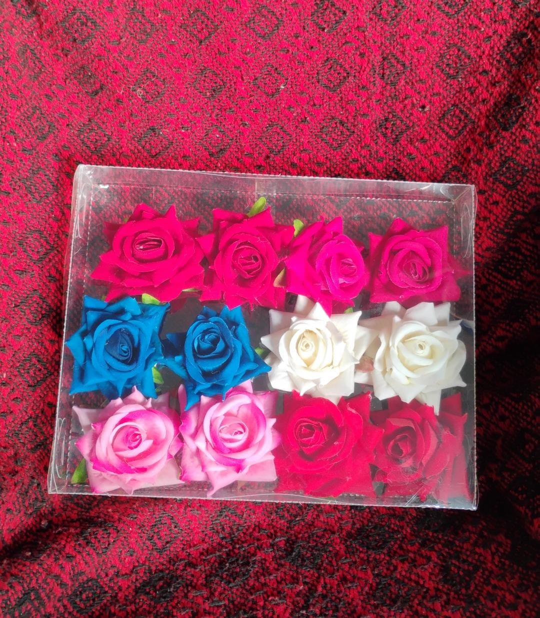 Set of 12 colorful flowing flower hair pins by Wukusy, decorative hair accessories for styling or home decor.