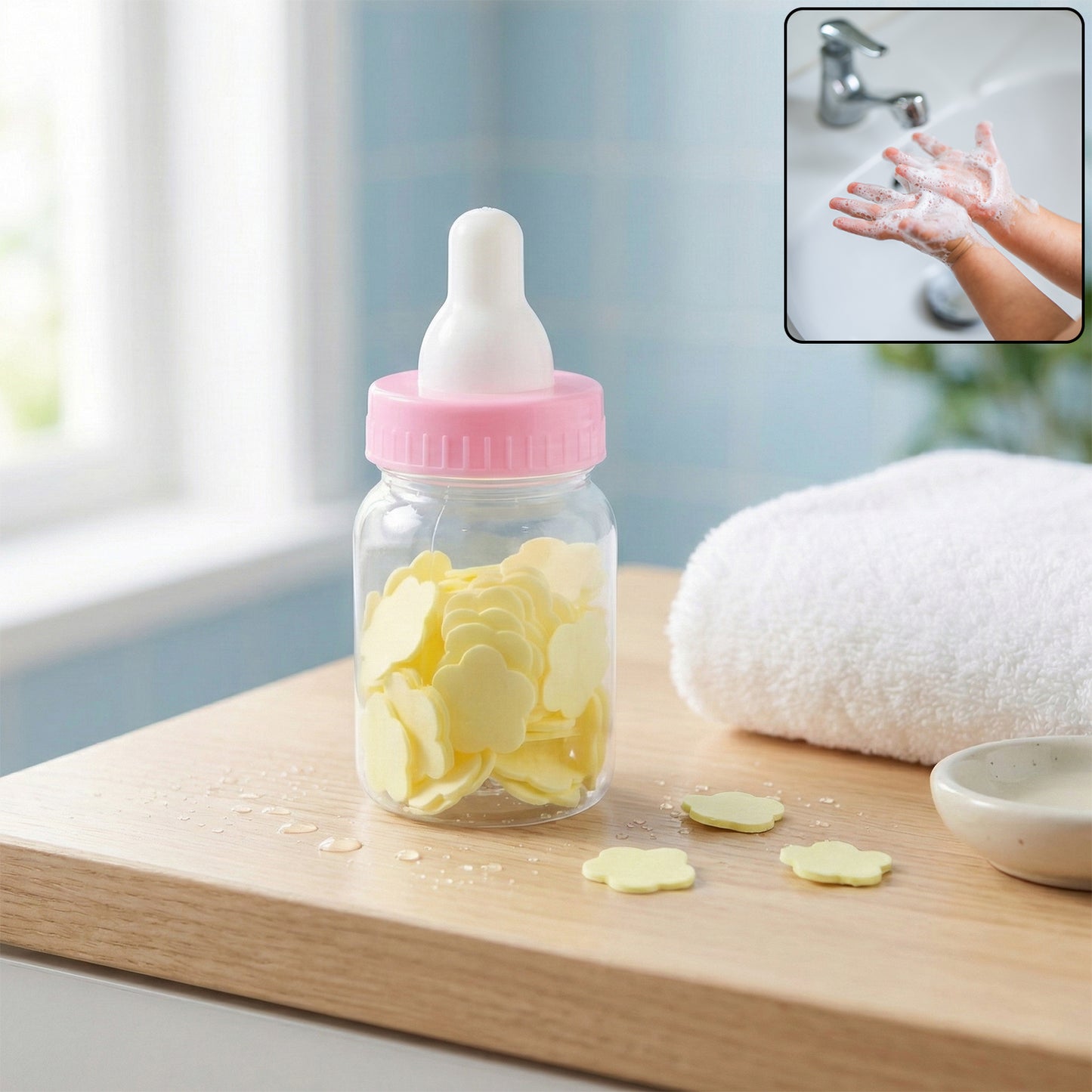 Wukusy portable baby bottle-shaped hand wash soap paper sheets set, compact and convenient for gentle hand cleaning on the go.