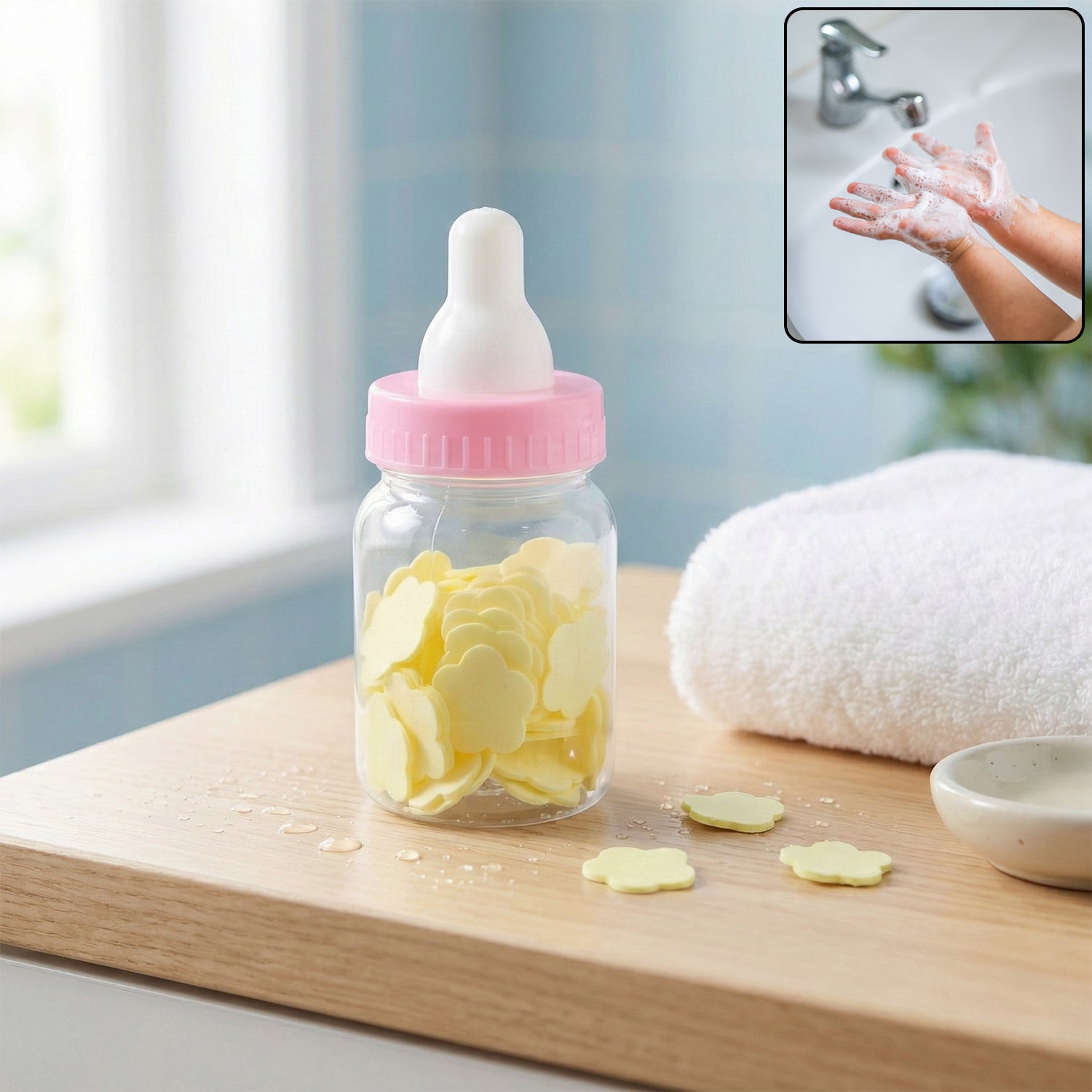 Wukusy portable baby bottle-shaped hand wash soap paper sheets set, compact and convenient for gentle hand cleaning on the go.