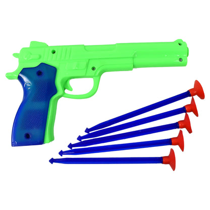 Wukusy medium-sized plastic toy gun with five soft suction dart bullets, ideal for safe indoor play.