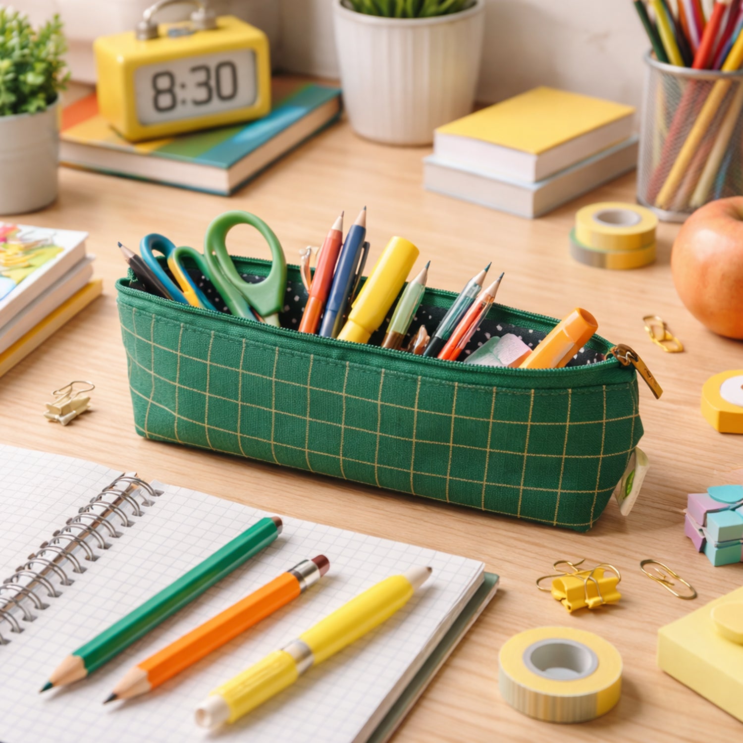 Green grid printed zipper pencil pouch organizer by Wukusy, featuring multiple compartments for stationery and supplies.