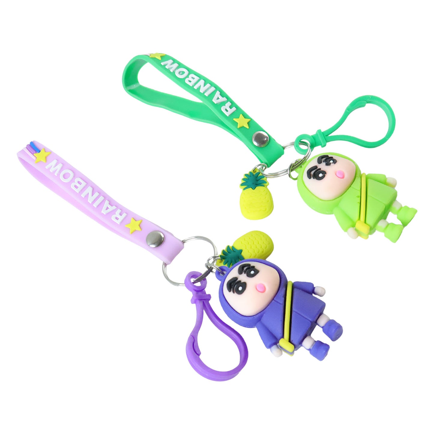 Cute cartoon doll keychain with pineapple charm and strap, by Wukusy, featuring colorful, playful design and detailed character features.