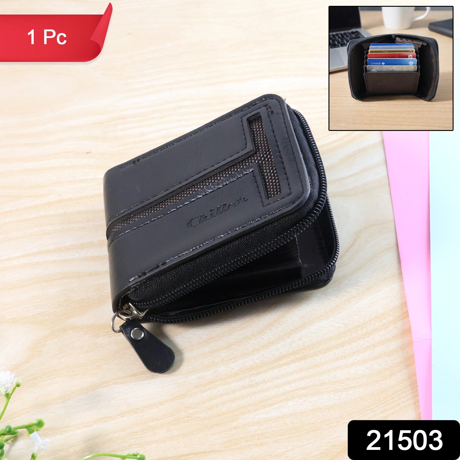 Wukusy compact zip-around card holder wallet for men and women, showing multiple card slots and secure zip closure.