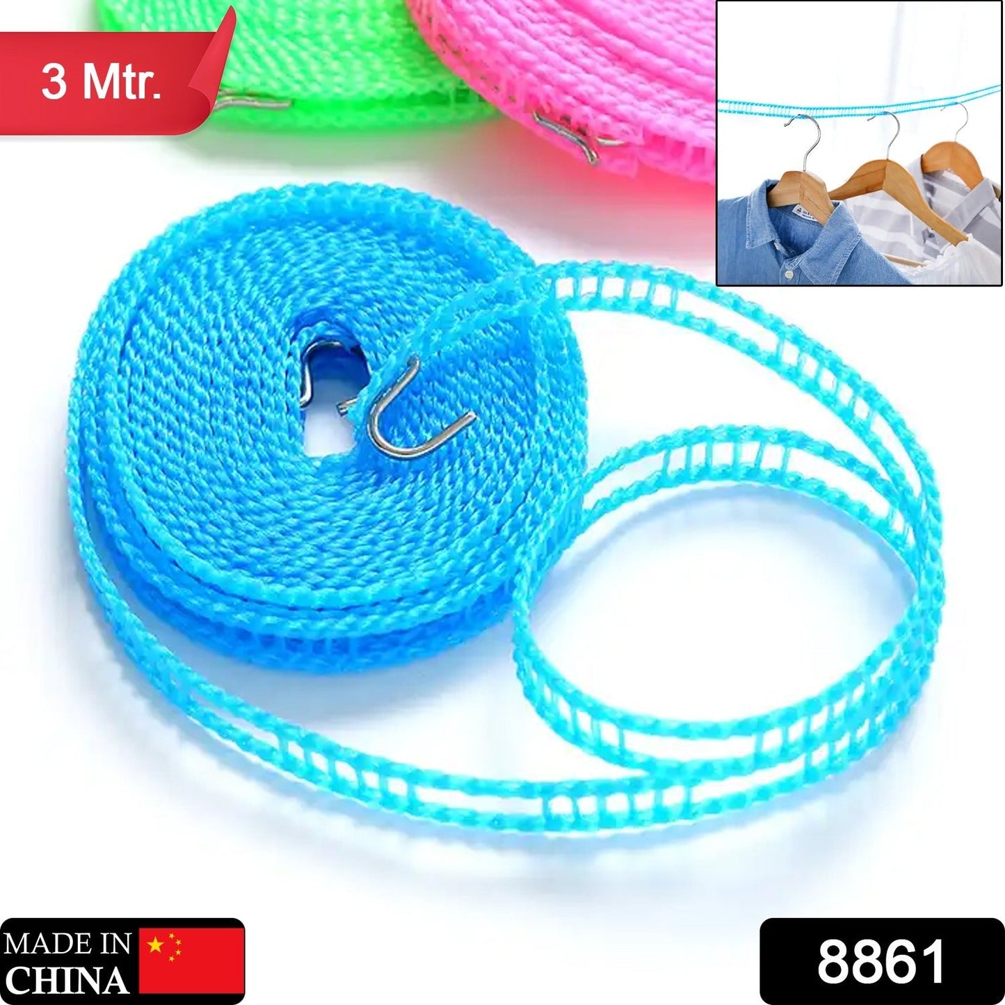 Wukusy 3-meter windproof nylon clothesline with hooks, ideal for indoor outdoor drying, camping, and laundry storage.