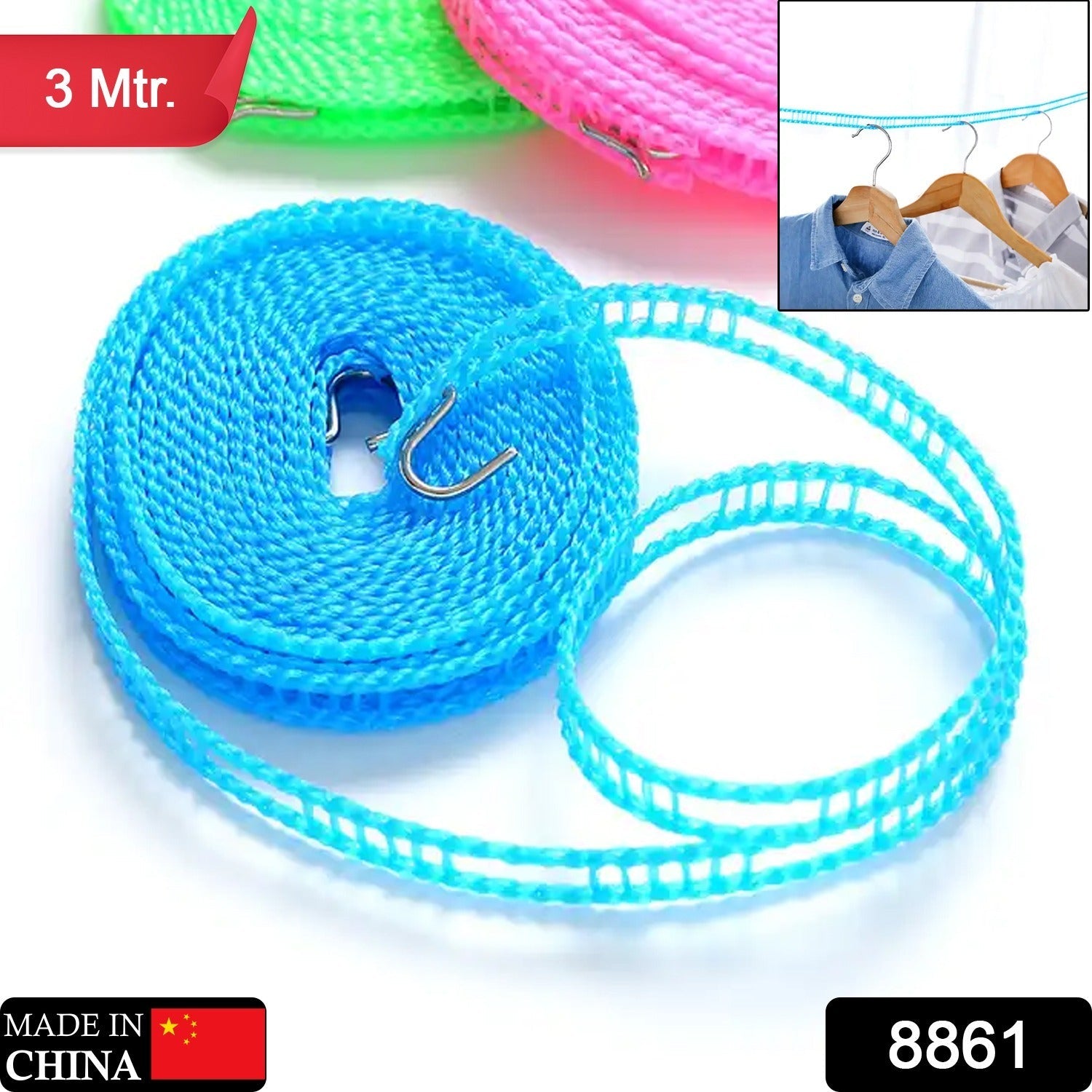 Wukusy 3-meter windproof nylon clothesline with hooks, ideal for indoor outdoor drying, camping, and laundry storage.