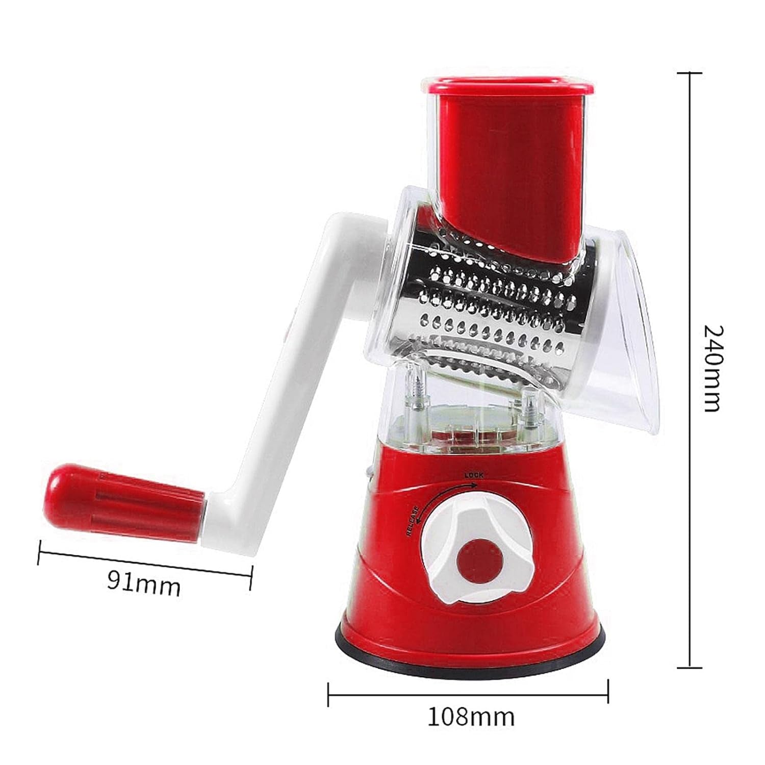 Stainless steel manual rotary drum grater and slicer with three drums for vegetables, by Wukusy.