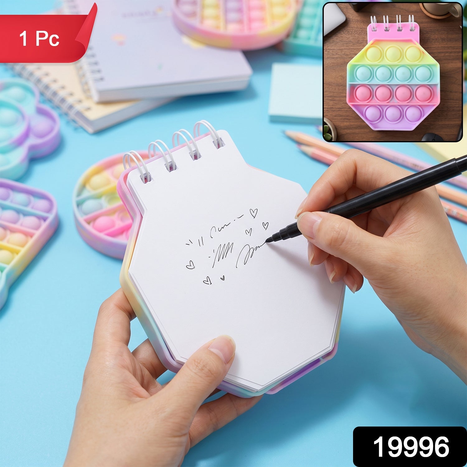 Wukusy pastel hexagon fidget diary for kids with bubble pop-it toy, colorful notebook for sensory play and journaling.