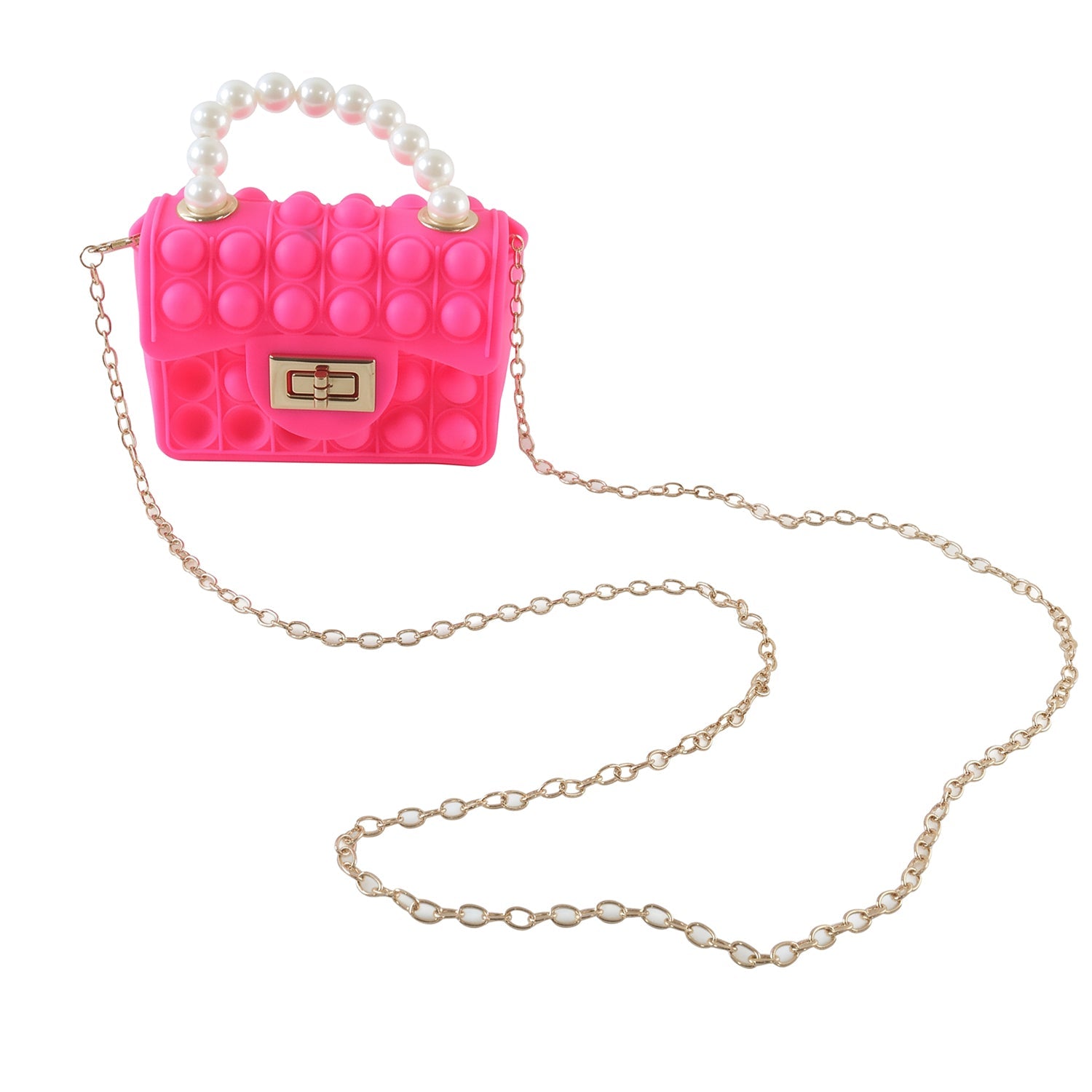 Kids Pop It fidget purse by Wukusy featuring silicone material, pearl handle, and playful design for children.