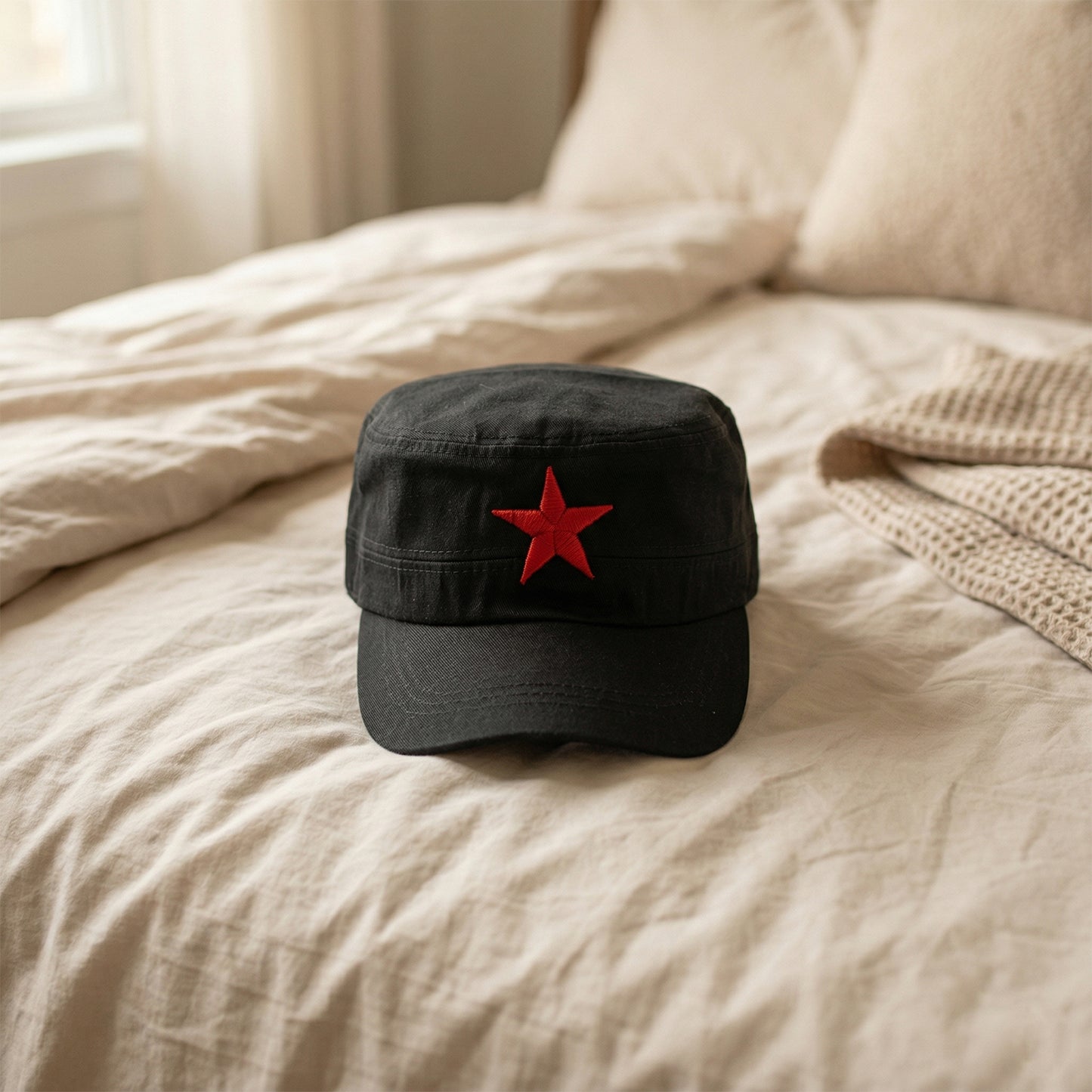 Red military-style cap with a prominent star emblem, featuring a classic design by Wukusy, suitable for casual or themed outfits.