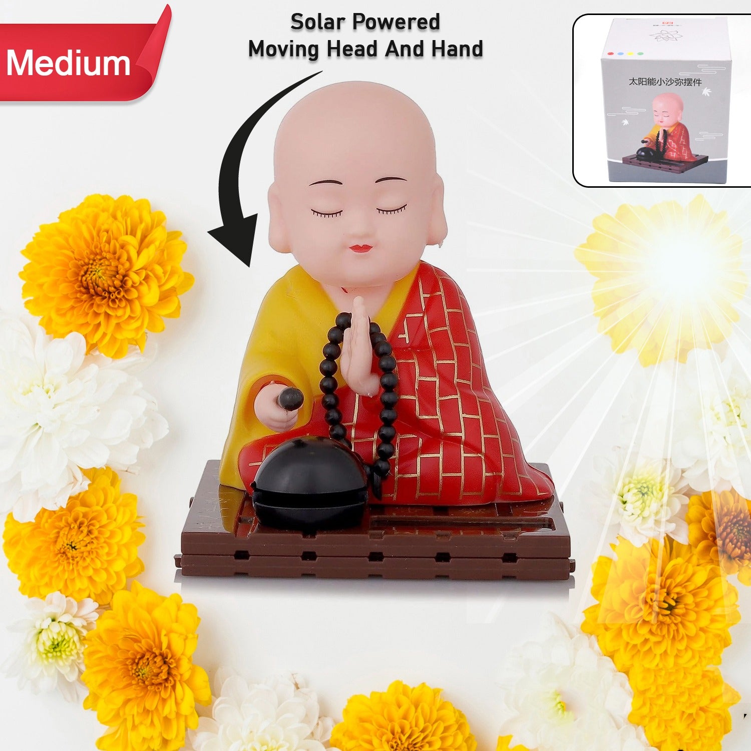 Solar powered sitting Buddha statue with moving head and hand, medium size, decorative home decor by Wukusy.