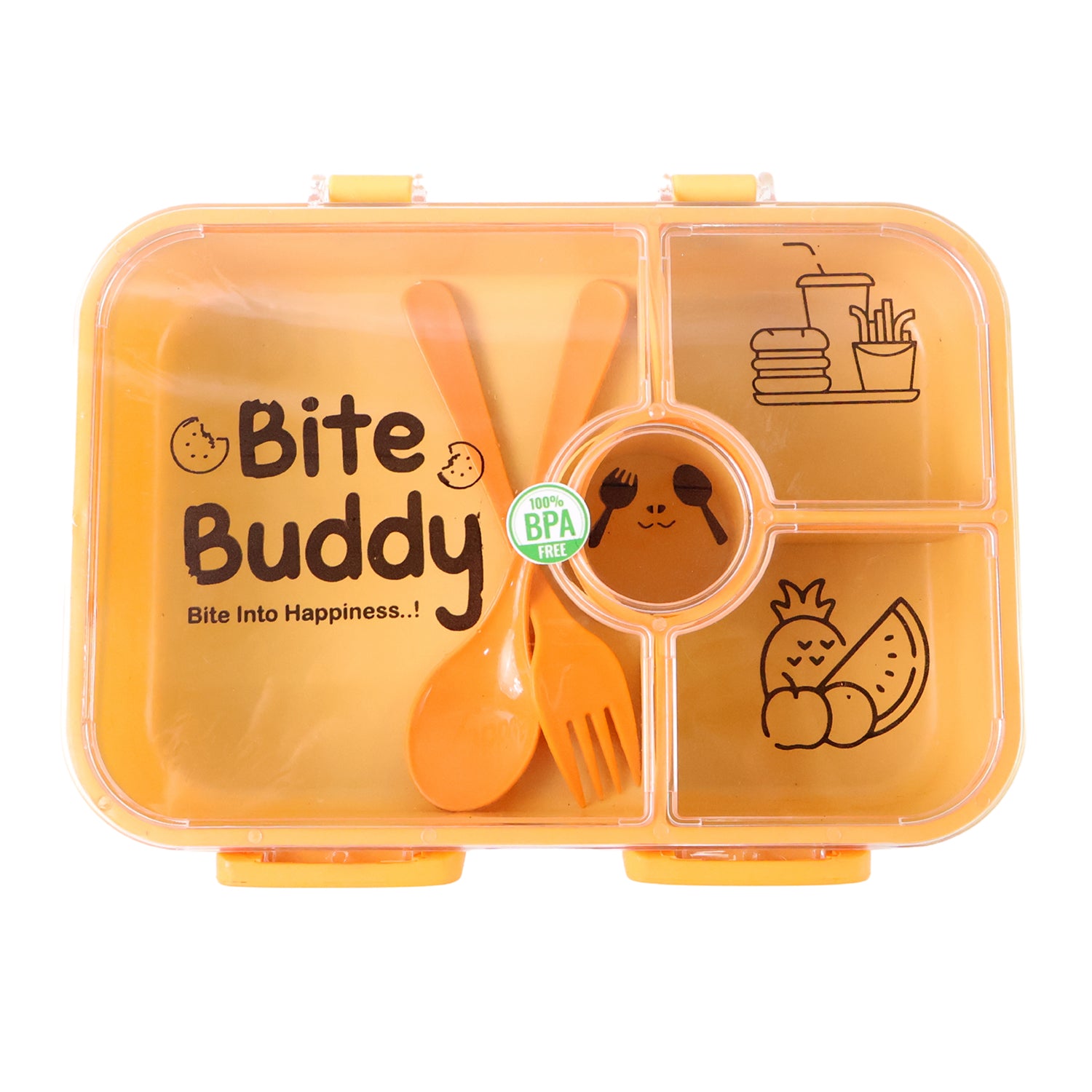 Wukusy Bite Buddy plastic lunch box with four compartments, leak-resistant design, includes spoon and fork for convenient meal storage.