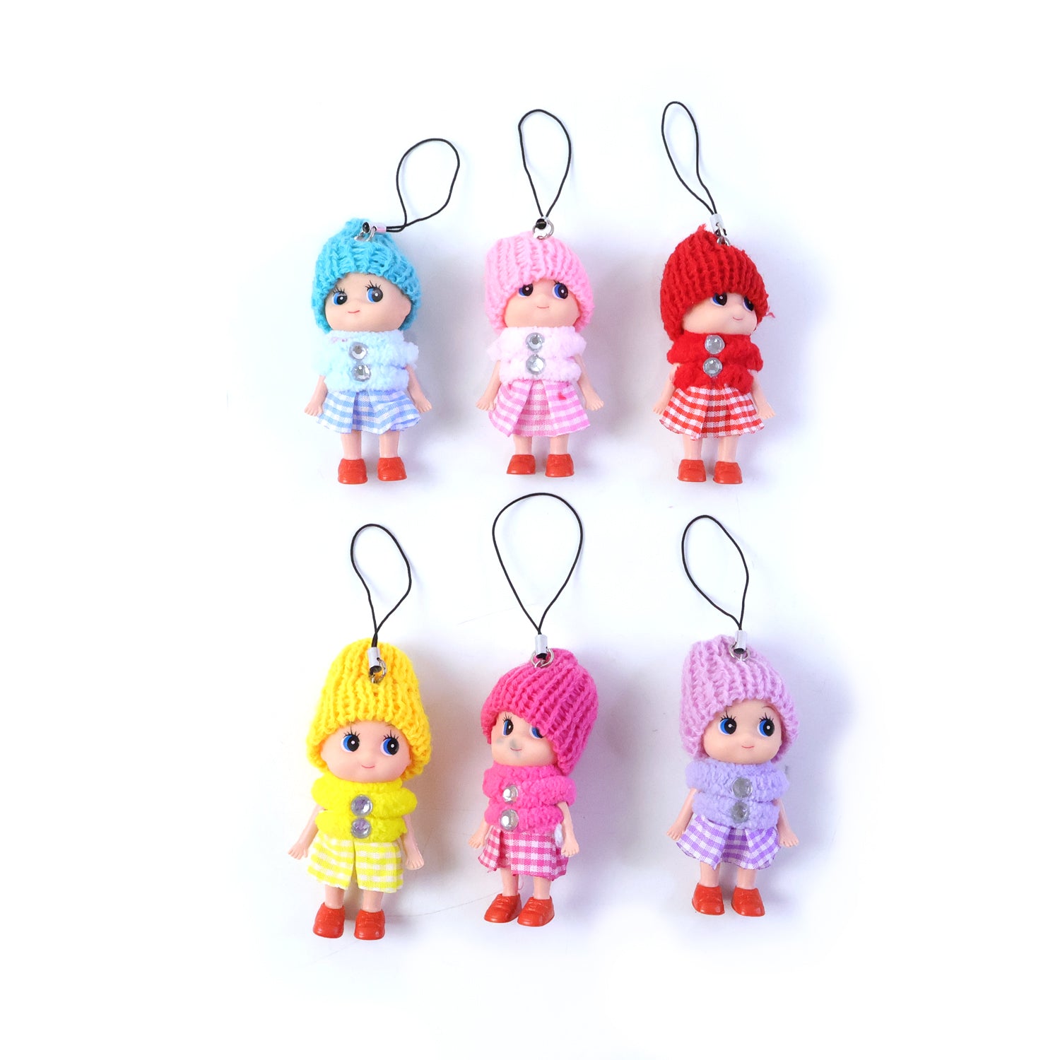 Six colorful Wukusy cute mini doll hanging keychains on a keyring, featuring playful designs and bright mixed colors.