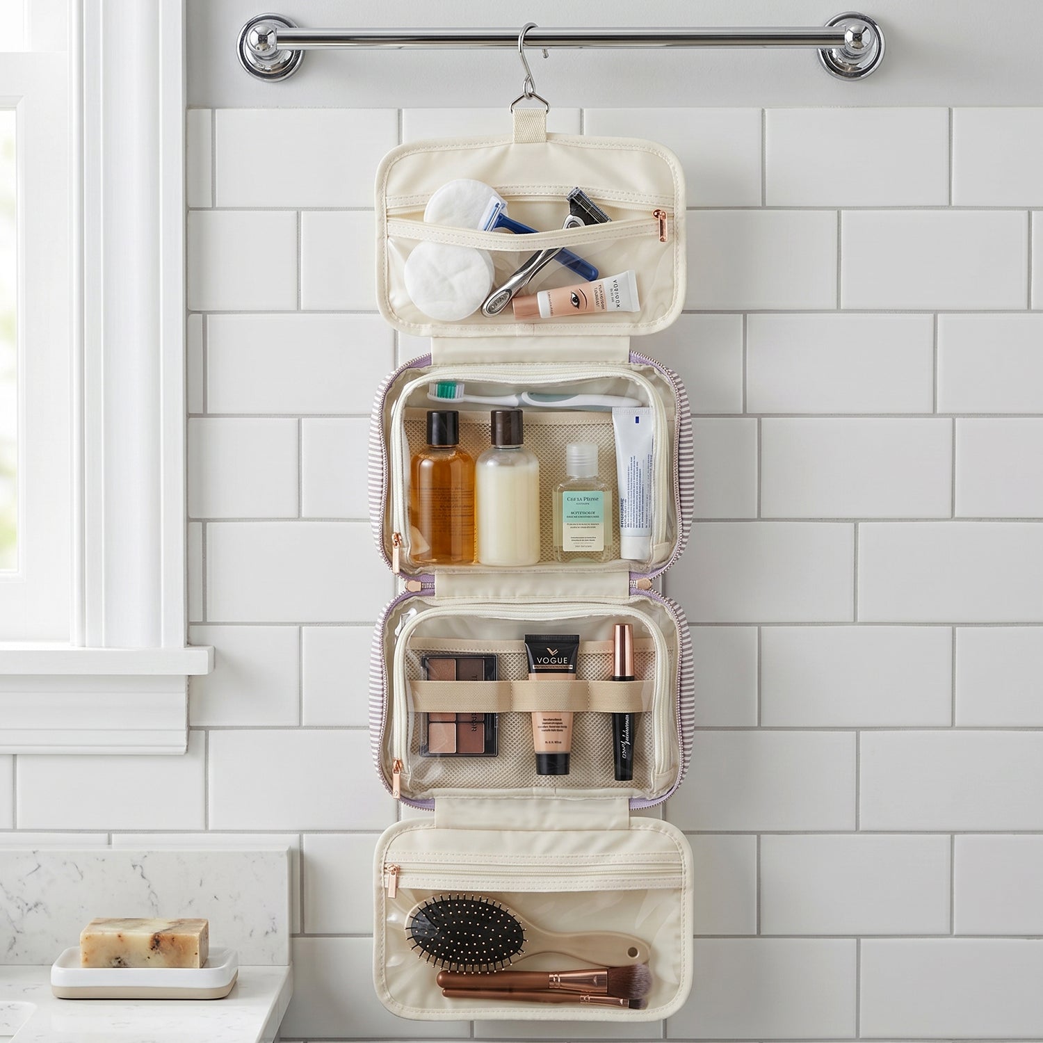 Wukusy travel multi-pocket toiletry bag hanging cosmetic organizer with multiple compartments and zipper closures.