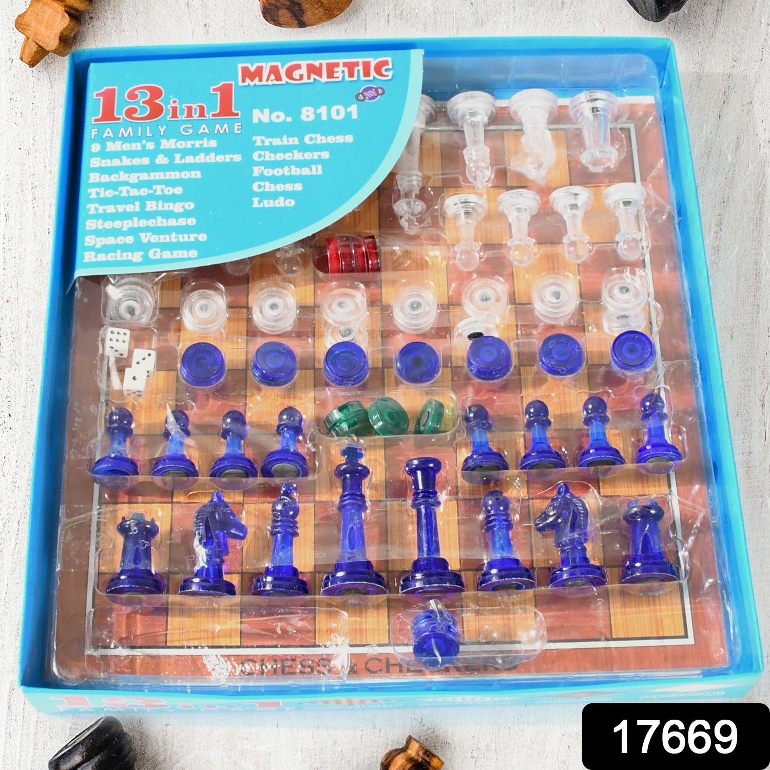 Wukusy 13-in-1 family toy set featuring chess, snakes and ladders, ludo, tic-tac-toe, checkers, bingo, and more for kids.