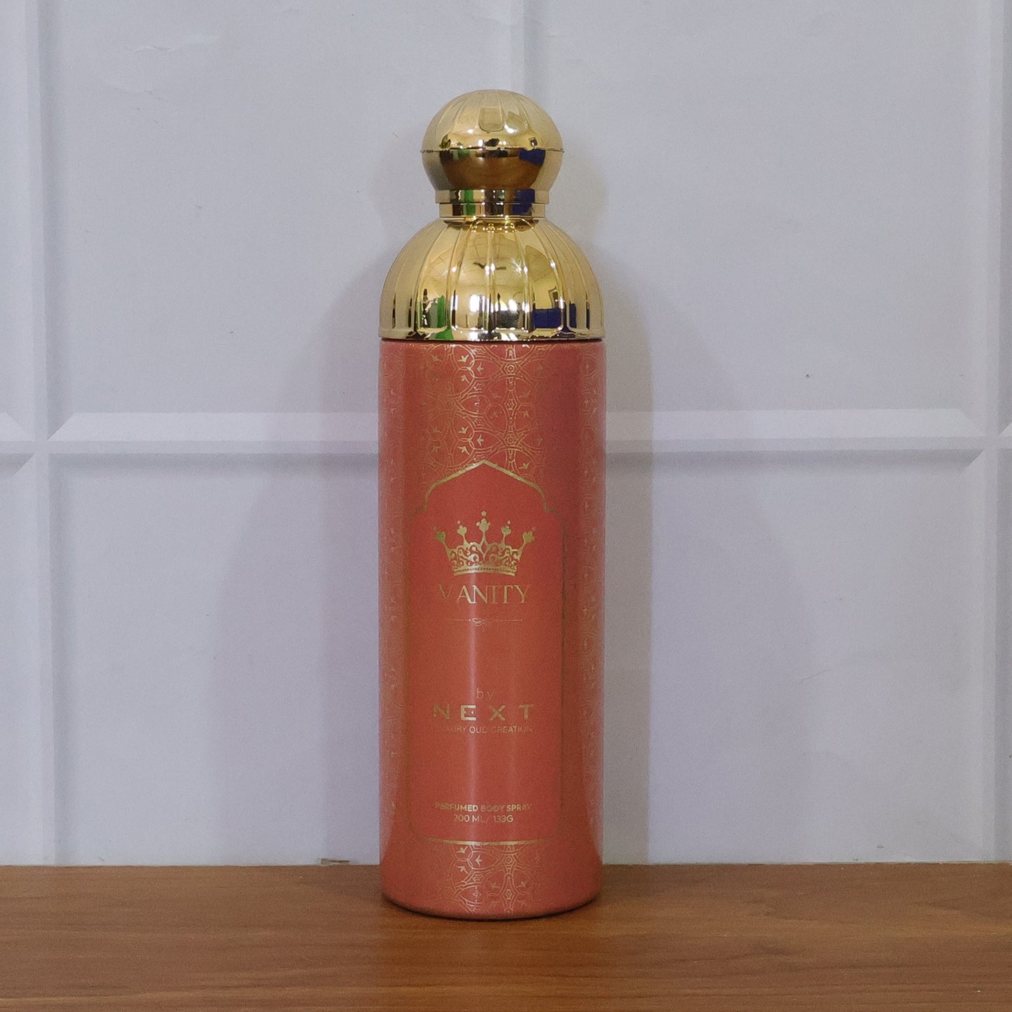 Next Vanity Premium Perfumed Body Spray by Wukusy, 200ml bottle with elegant packaging and a floral fragrance design.