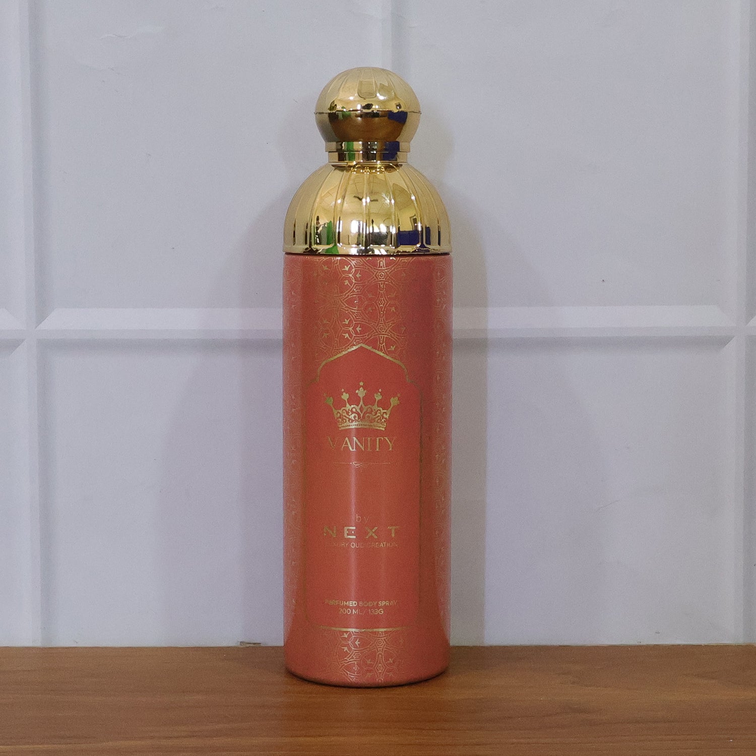 Next Vanity Premium Perfumed Body Spray by Wukusy, 200ml bottle with elegant packaging and a floral fragrance design.