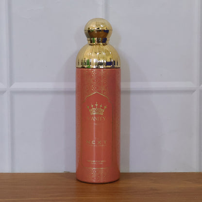 Next Vanity Premium Perfumed Body Spray by Wukusy, 200ml bottle with elegant packaging and a floral fragrance design.