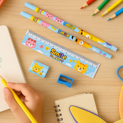 Wukusy wooden pencil set with five stationery items including pencils and erasers, ideal for school kids and educational use