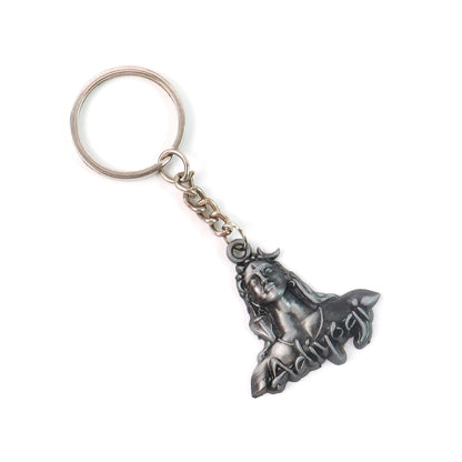 Wukusy Adiyogi Shiva face metal keychain with intricate design, featuring a detailed Shiva face in silver-tone metal.