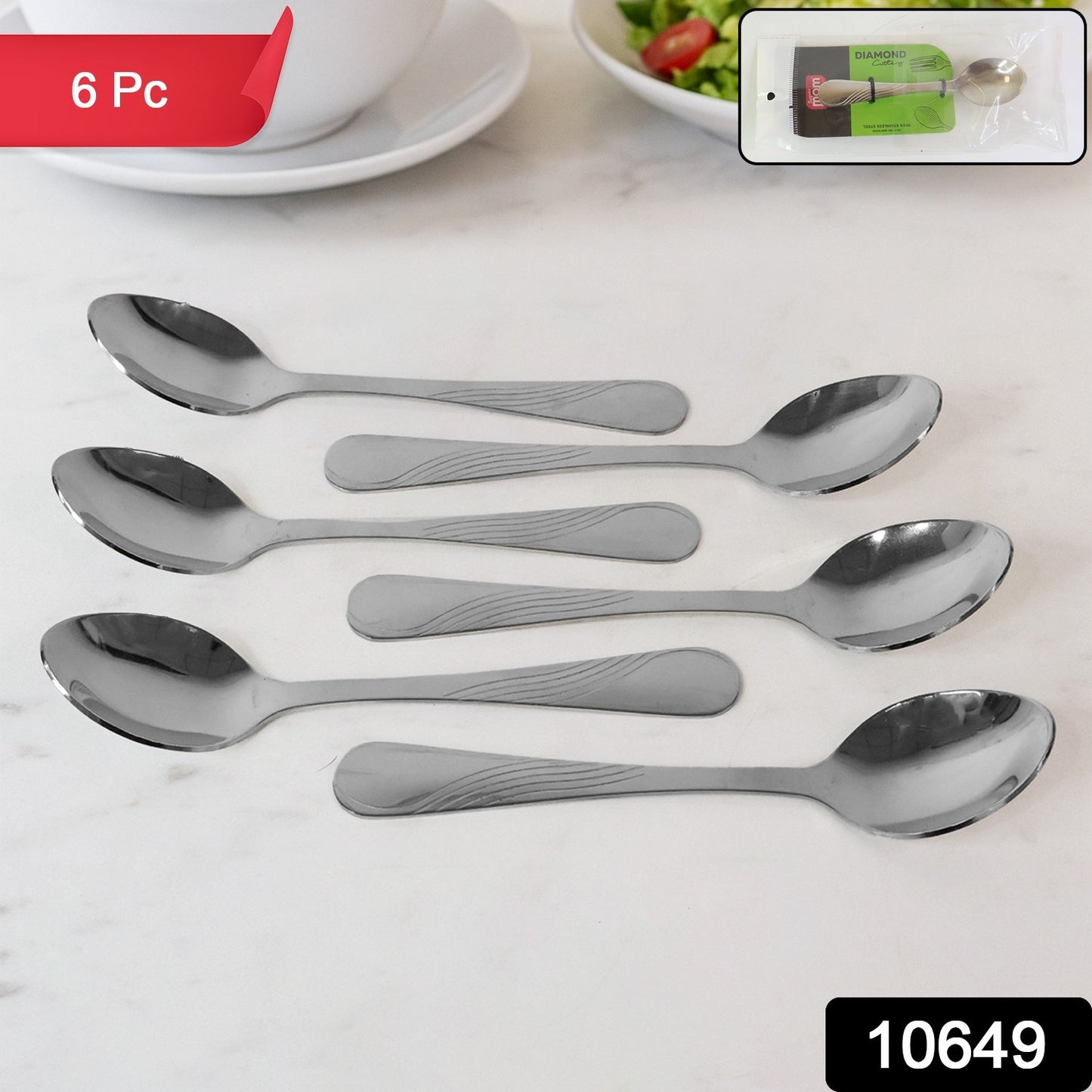 Set of six Wukusy Supermom Diamond stainless steel dining spoons for home and kitchen use, featuring a sleek, modern design.