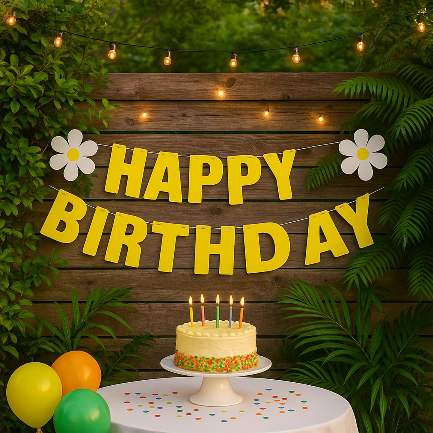 Colorful Happy Birthday party decoration banner set by Wukusy, featuring festive paper banners and birthday greeting signs for celebration.