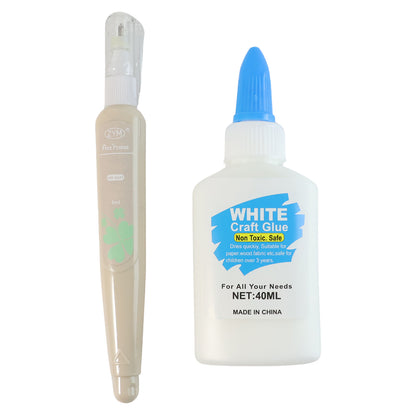 Wukusy multipurpose craft glue and correction pen combo set with white glue bottle and correction pen on a craft table.