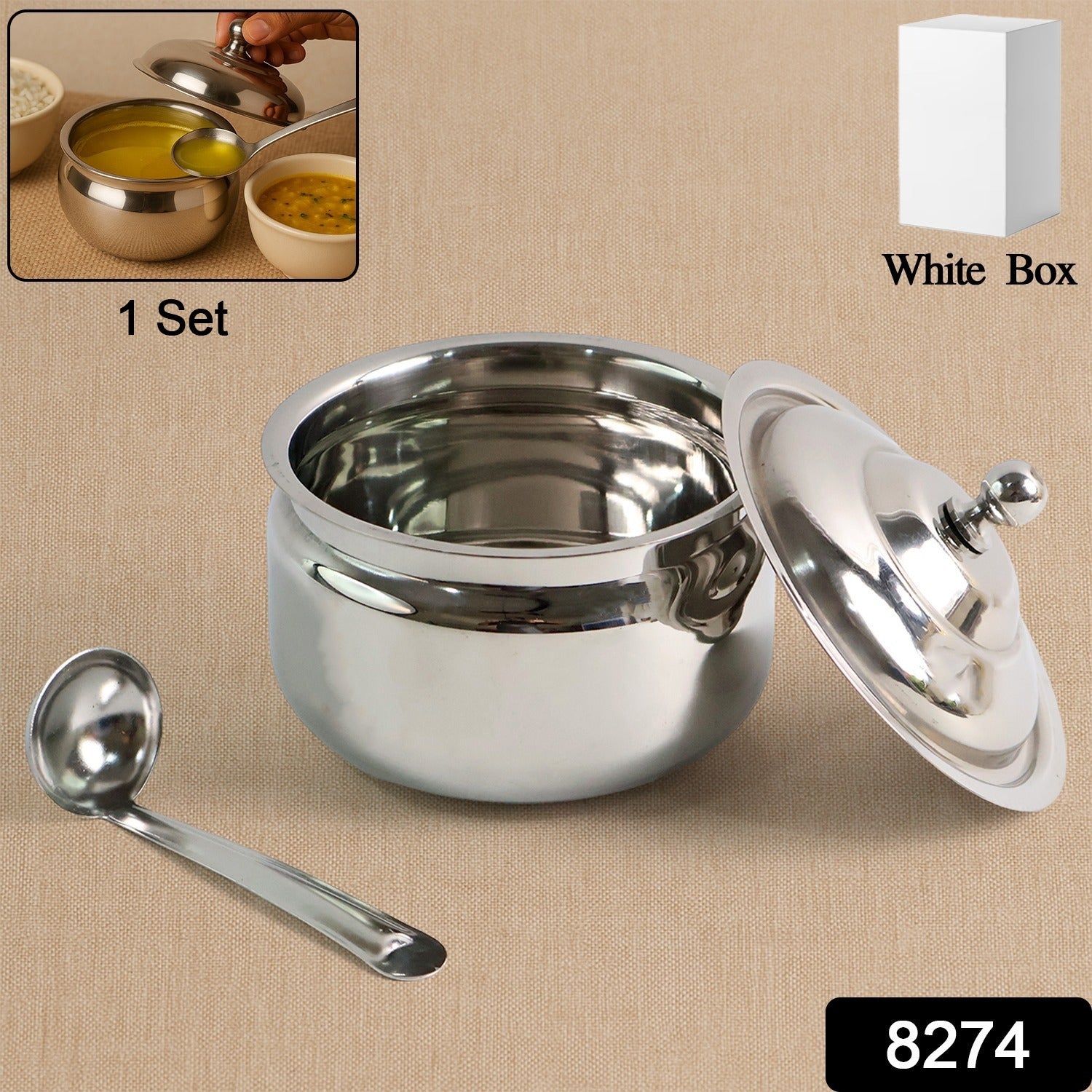 Premium stainless steel ghee pot by Wukusy for home and kitchen use, featuring a sleek design and sturdy handle.