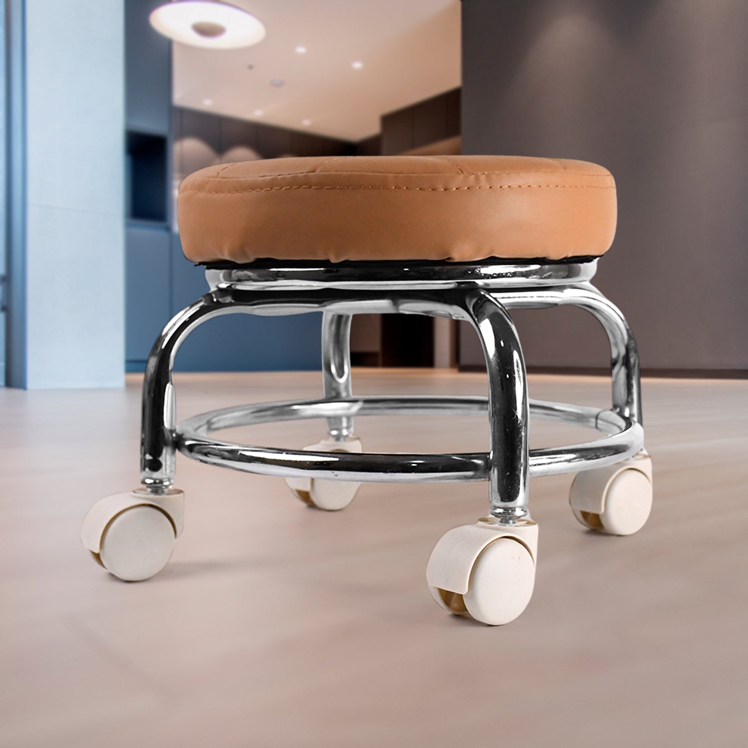 Wukusy heavy-duty steel round rolling pedicure stool with wheels, adjustable height, and cushioned seat for home improvement use.