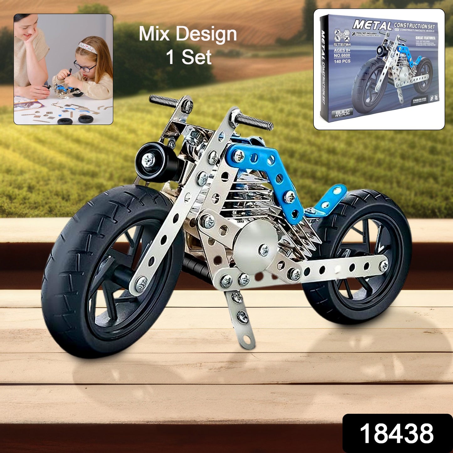 Wukusy metal bike mechanical construction toy kit with 140 parts for building and engineering creative bike models.