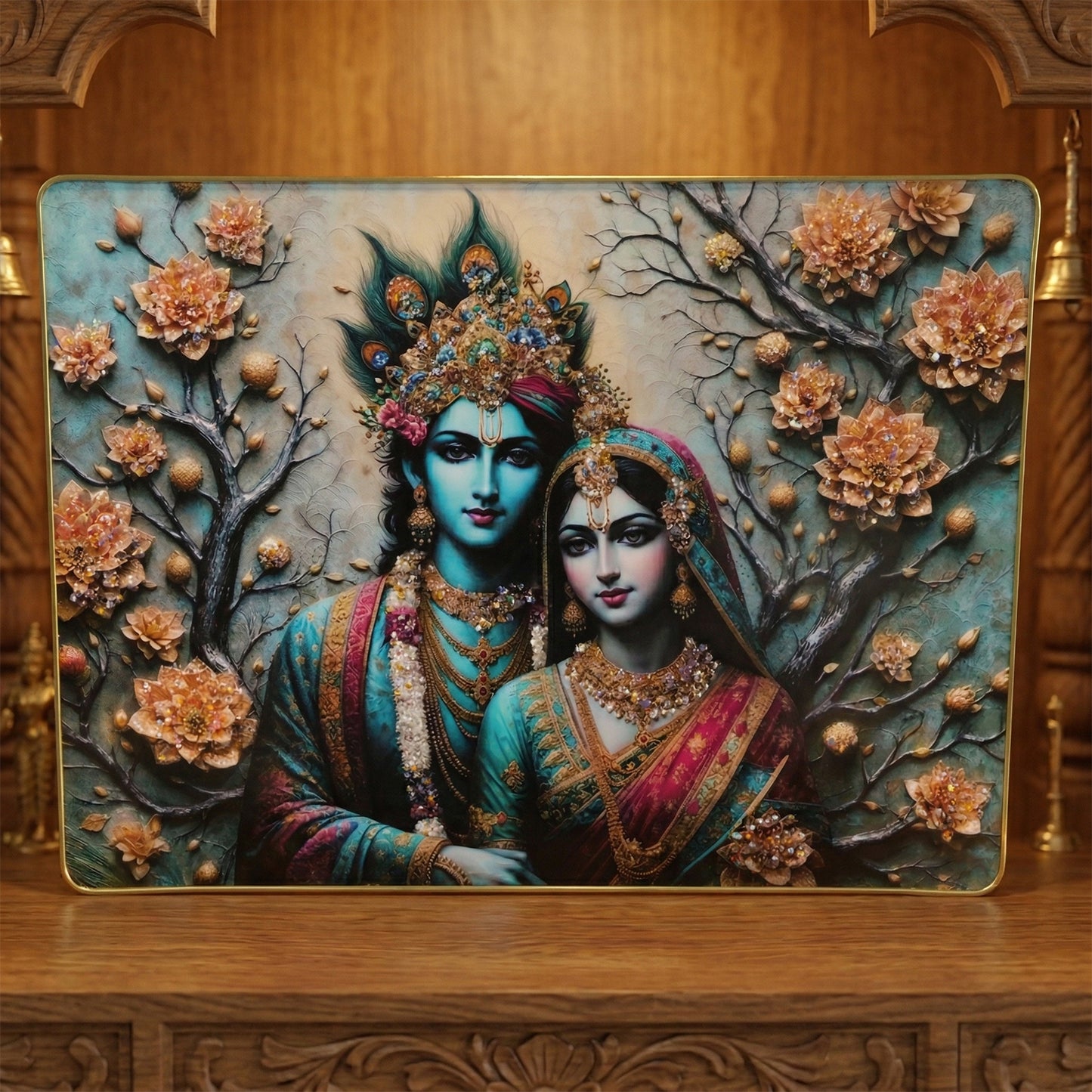 Decorative wall frame featuring Radha Krishna artwork in a 60x45 cm Wukusy premium wall decor piece.